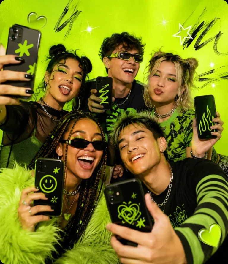Join Brat Community Online with Gen Z friends creating social media content and taking selfies