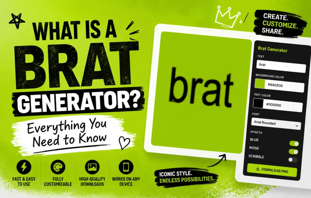 Featured image explaining what a Brat Generator is with brat-inspired text design and customization tools.