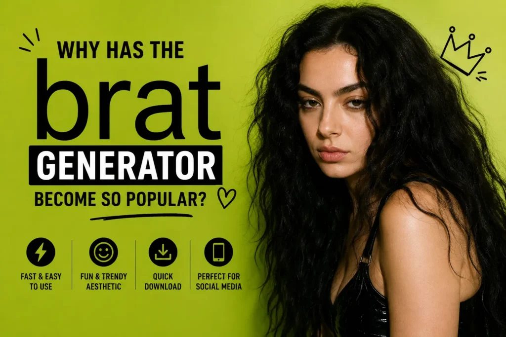 Charli XCX alongside a brat-inspired design explaining why the Brat Generator became popular across social media and online communities.