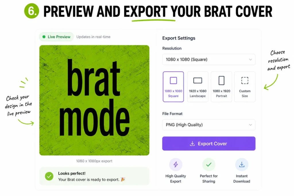 Brat album cover generator live preview and export settings