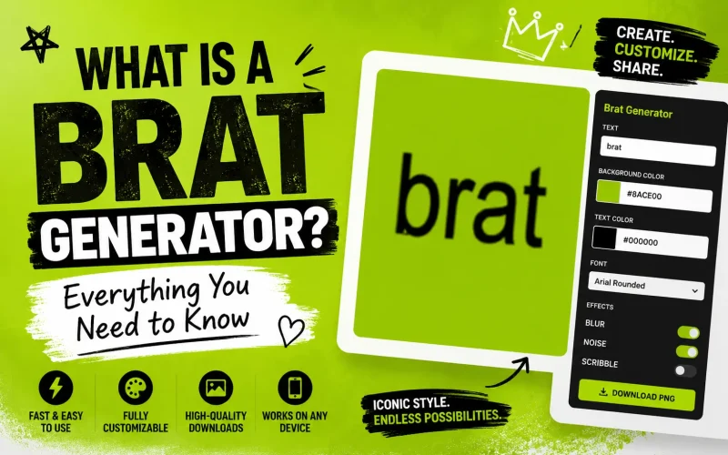 Featured image explaining what a Brat Generator is with brat-inspired text design and customization tools.